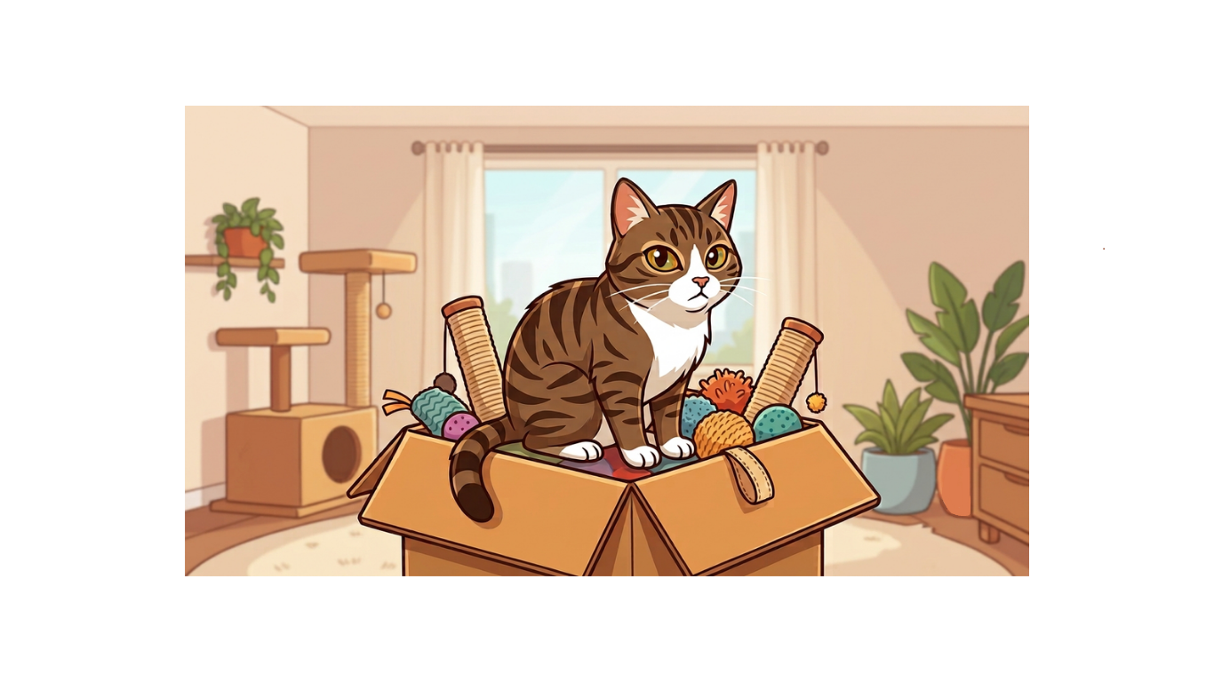 Alfi the cat sitting on a box of toys